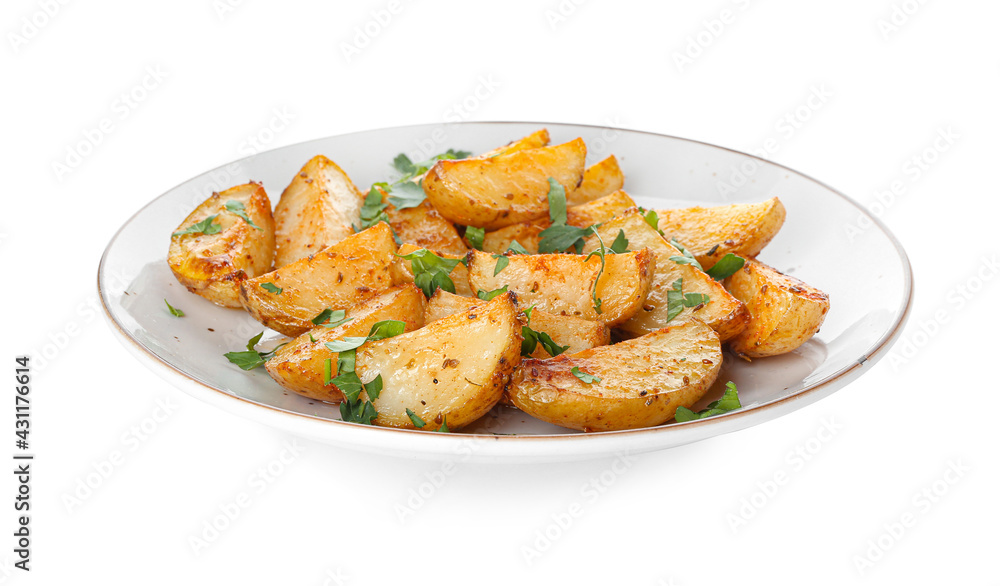 Plate of tasty fried potatoes with parsley on white background Plate of tasty fried potatoes with parsley on white background