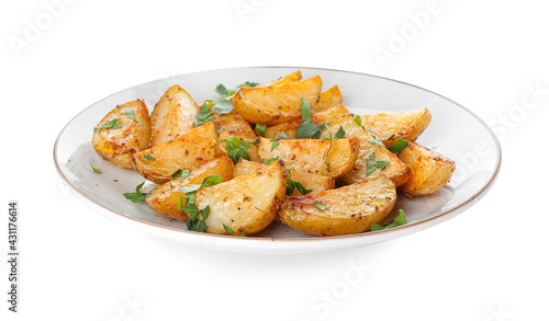 Plate of tasty fried potatoes with parsley on white background