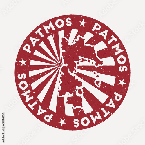 Patmos stamp. Travel red rubber stamp with the map of the island, vector illustration. Can be used as insignia, logotype, label, sticker, or badge of Patmos.