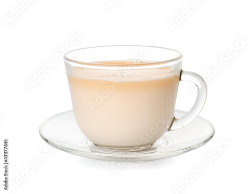 Cup with hot chocolate on white background