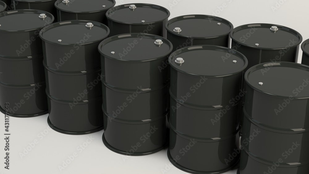 Black iron barrels with oil. 3D visualization. Black iron barrels with oil. 3D visualization.