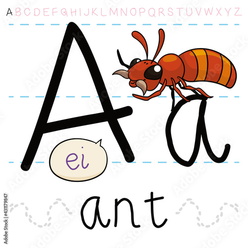 Cute Ant Teaching at you the Letter A, Vector Illustration