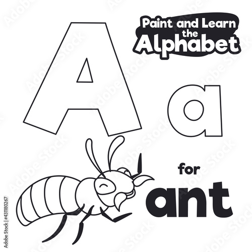 Didactic Alphabet to Color it, with Ant and Letter A, Vector Illustration