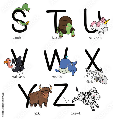 Letters with Animal Examples for Alphabet from S to Z, Vector Illustration photo