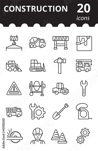 Construction Icons Set. Working tools. Simple vector linear symbols.