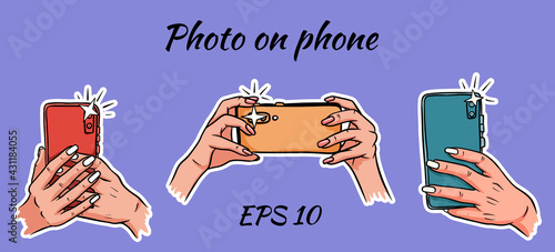 Photo on the phone. Selfie. Phone in hand. Cartoon style.