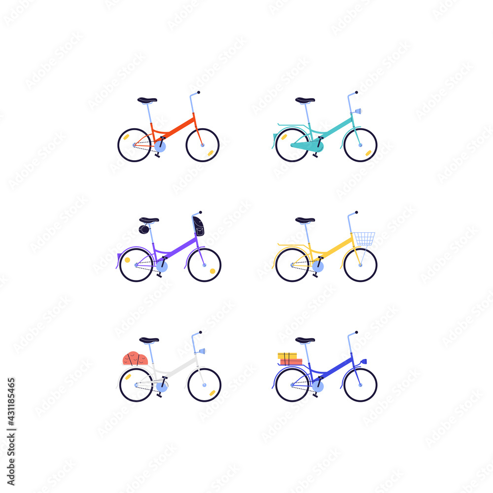 a set of flat illustration of folding city bicycles in different colors with different accessories a set of flat illustration of folding city bicycles in different colors with different accessories
