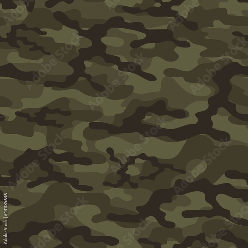 Camouflage seamless pattern. Trendy style camo, repeat print. Vector illustration. Khaki texture, military green army green hunting