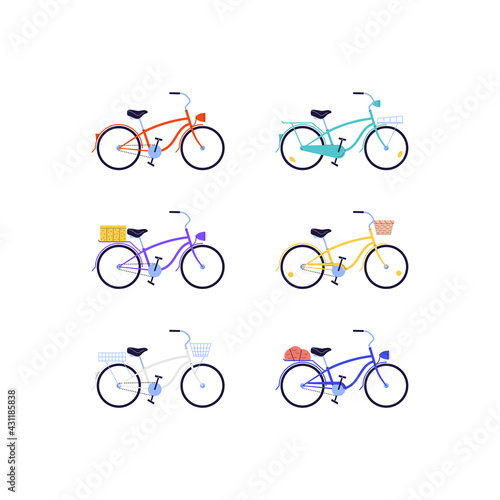a set of flat illustration of cruiser bicycles with a high frame in different colors with different accessories
