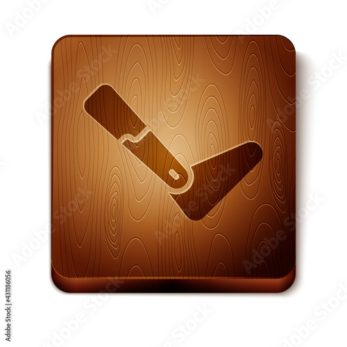 Brown Prosthesis leg icon isolated on white background. Futuristic concept of bionic leg, robotic mechanical leg. Wooden square button. Vector