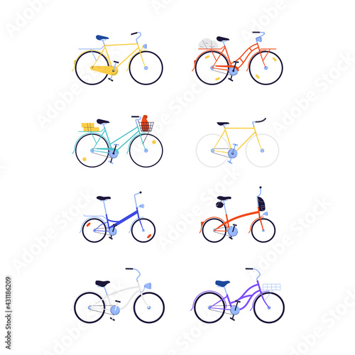 a set of flat illustration of city bicycles road bikes cruisers and folding bikes in different colors with different accessories