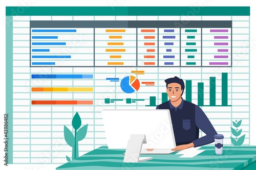 Young Man Accountant Work with Spreadsheet Paperwork Program on Computer Screen in Office Financial Flat Vector Illustration. Can be Used for Digital and Printable Infographic