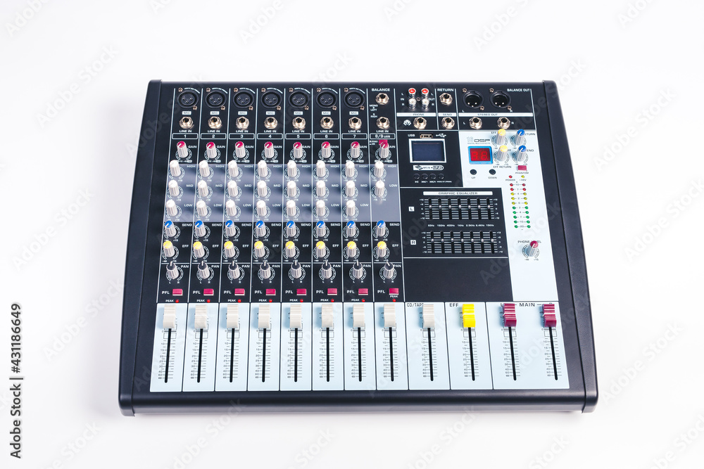 Audio powered mixer console isolated on white background. Audio powered mixer console isolated on white background.