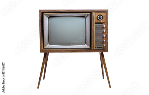 Retro old television with clipping path isolated on white background. TV standing and blank screen, antique, technology