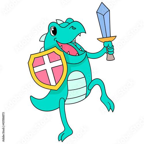 the lizard is carrying a shield and sword for battle, doodle icon image kawaii