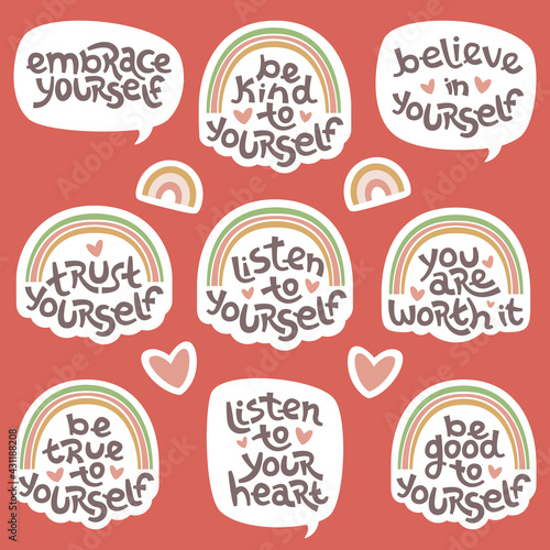 Set of positive thinking quotes promoting self worth and self care