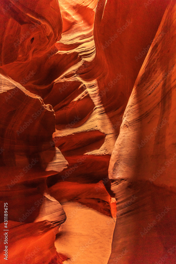 Landscape scene inside a narrow slot canyon in Arizona.