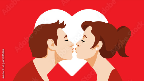 Kissing couple. Beautiful young people kissing each other with closed eyes. Young man and pretty woman expressing love, tenderness, affection. Heart shape on background.