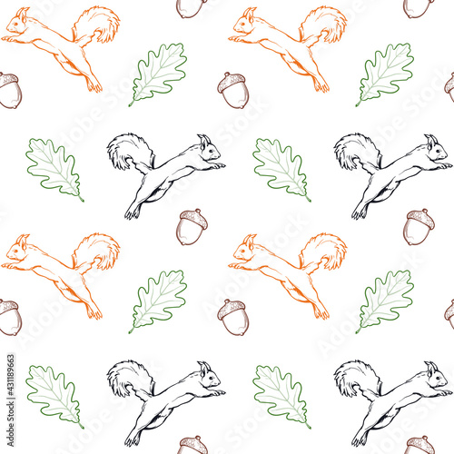 Squirrels and acorns, oak leaves. Vector  illustration. Seamless pattern.