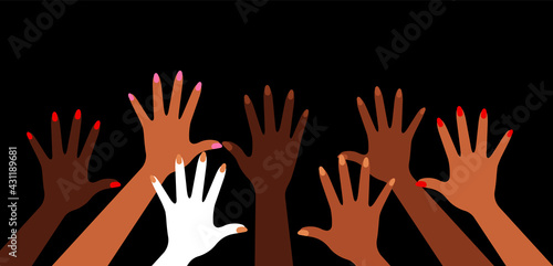 Hands up in the air. Diversity hands different skin color, people of different ethnicities. Concept of celebration, equality, voting. Vector illustration for post, banner, cover. Black background