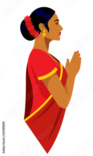 Beautiful Indian woman in traditional clothes - bright red sari. Female portrait, side view. Indian woman in traditional clothing with praying hands. Modern vector illustration on white background.