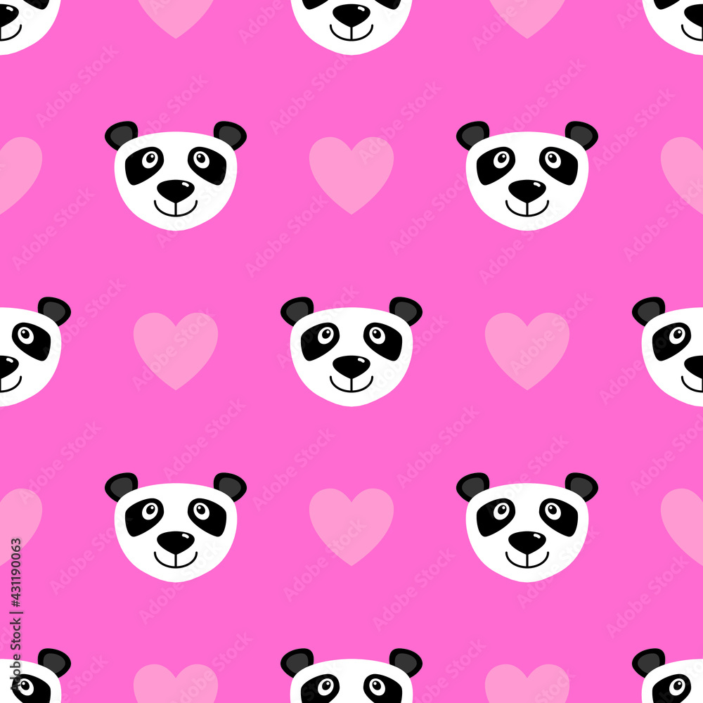 Cute panda bear and hearts seamless pattern. Childish cartoon design for textile, paper, print, fabric and more. Vector illustration. Cute panda bear and hearts seamless pattern. Childish cartoon design for textile, paper, print, fabric and more. Vector illustration.