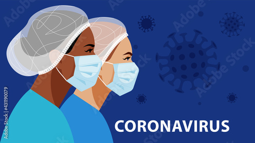 Doctor and nurse in medical mask and hat. Virus floating in the air. Medical staff are fighting a viral infection. Vector illustration of a nurse in blue uniform on a blue. Nurse day.