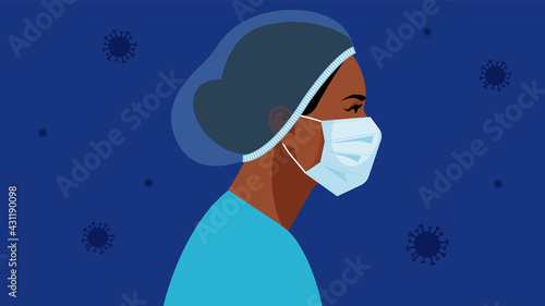 Nurse face in white medical mask, uniform. Virus floating in the air. Medical staff are fighting a viral infection. Vector illustration of a nurse in blue uniform on a blue.