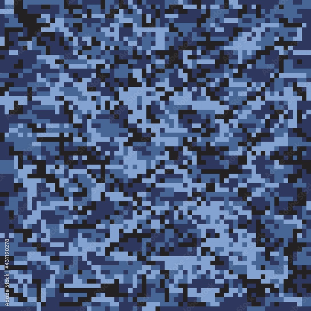 pixel blue military camouflage, seamless garment print or print