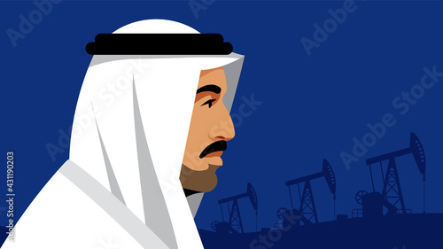 Arab business man wearing UAE traditional dress. Blue background with oil pumps jack. Male portrait, side view. Concept of Middle East, oil industry, oil production, stock market. Modern flat style.