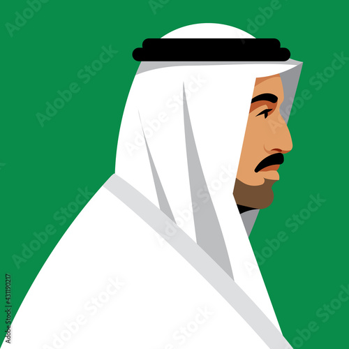 Arab business man wearing UAE traditional dress. Elderly man with beard. Male portrait, Side view, head, shoulders. Resident Middle East. Modern vector illustration