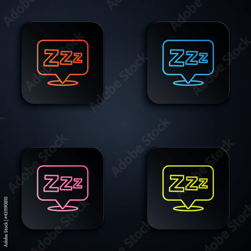 Color neon line Sleepy icon isolated on black background. Sleepy zzz black talk bubble. Set icons in square buttons. Vector