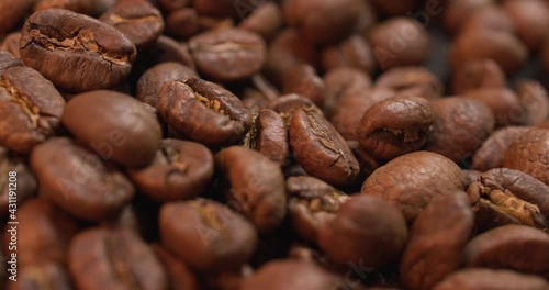 Close up of organic roasted coffee beans 