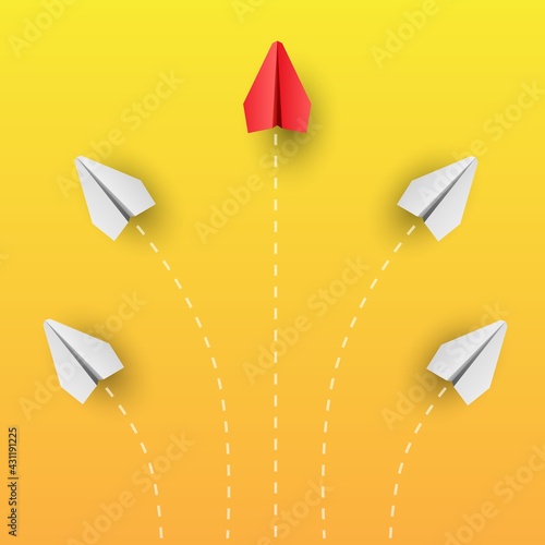 Individuality concept. Individual and unique leader red paper plane flies to the side. Think different. Vector