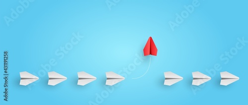 Individuality concept. Individual and unique leader red paper plane flies to the side. Vector