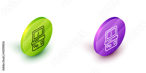 Isometric line Portable tetris electronic game icon isolated on white background. Vintage style pocket brick game. Interactive playing device. Green and purple circle buttons. Vector
