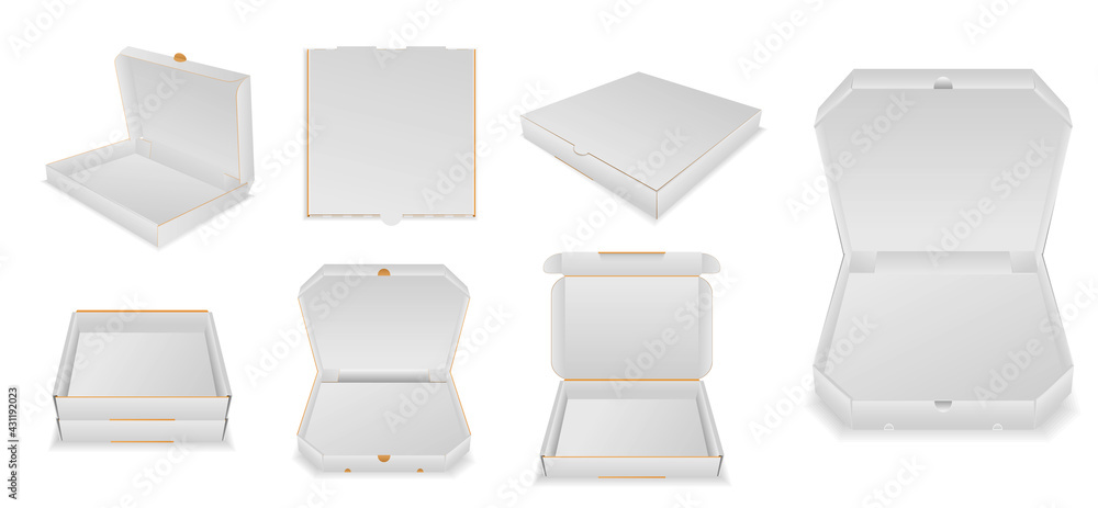 set of various pizza box cardboard or mock up template blank pizza box or realistic cardboard pizza empty box isolated on white. eps vector set of various pizza box cardboard or mock up template blank pizza box or realistic cardboard pizza empty box isolated on white. eps vector