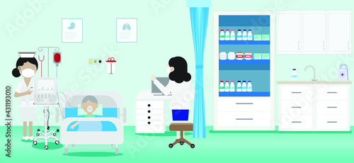 Illustration of elderly person  in coma lying on bed with a Ventilator with medical team working in intensive care unit the hospital,  Patient during blood transfusion procedure. Health care concept. 