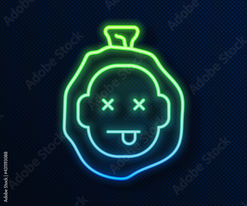 Glowing neon line Murder icon isolated on blue background. Body, bleeding, corpse, bleeding icon. Dead head. Concept of crime scene. Vector