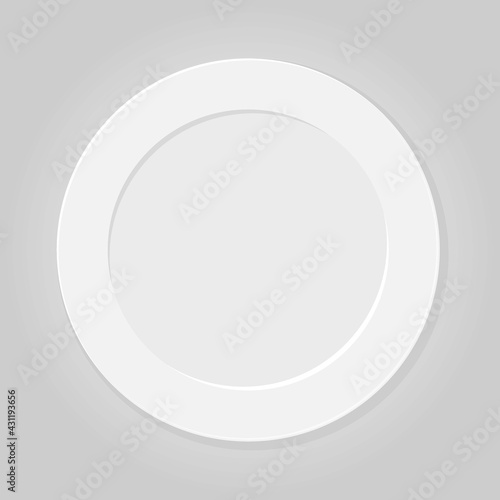 White plate on gray background. Household utensils and cutlery. Empty round shape plate. Porcelain crockery. Vector isolated illustration. Kitchen appliances utensils for eating.