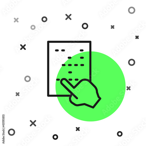 Black line Braille icon isolated on white background. Finger drives on points. Writing signs system for blind or visually impaired people. Vector