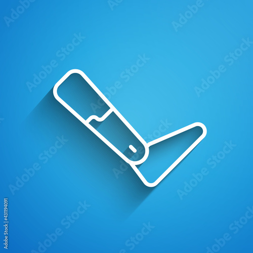 White line Prosthesis leg icon isolated on blue background. Futuristic concept of bionic leg, robotic mechanical leg. Long shadow. Vector