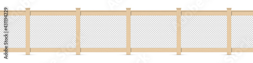 Wooden fence with a chain mesh fencing. 3D realistic vector illustration isolated on white