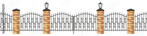 Wrought iron fence panels and gates. 3D realistic vector illustration isolated on white