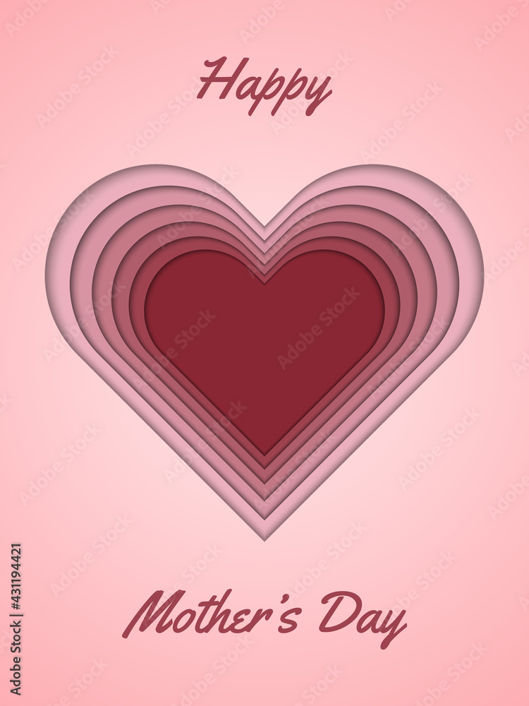 Mother's Day Greeting Card with Paper Cut Style. Vector Banner with Hearts For Mother's Day Celebration. Love Symbol and Calligraphy Text