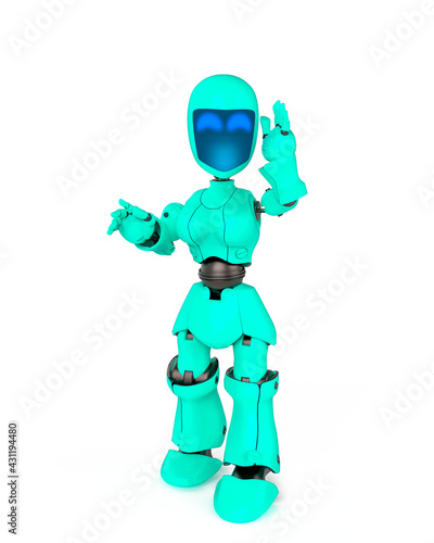 robot girl is standing and talking in white background