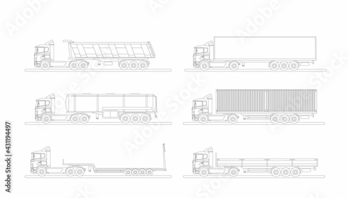 A set of images of a modern European truck with different variants of semi-trailers.