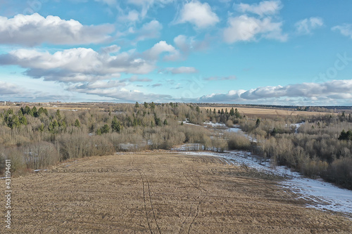 early spring field top view drone  abstract landscape flight