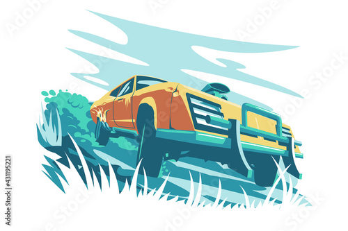 Wild orange fast car vector illustration. Cool new car stuck in mud flat style. Fast luxury automobile in nature landscape. Transport and comfort concept. Isolated on white background