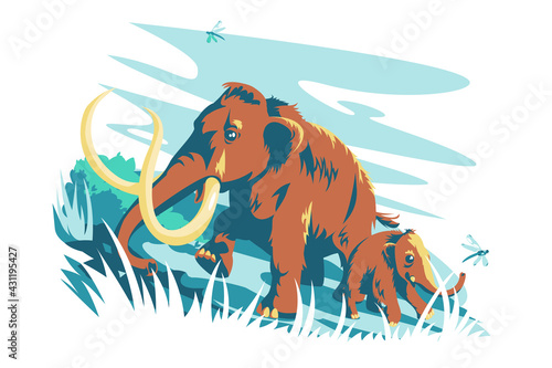 Brown mammal animal character vector illustration. Big adult mammoth and baby flat style. Huge tusks and big horns. Wildlife and nature concept. Isolated on white background